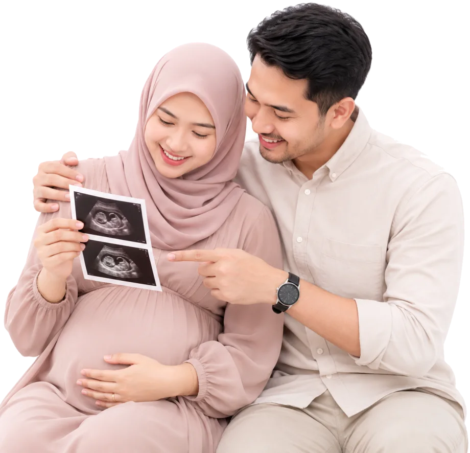 Pasangan melihat gambar imbasan kehamilan di Klinik Iris